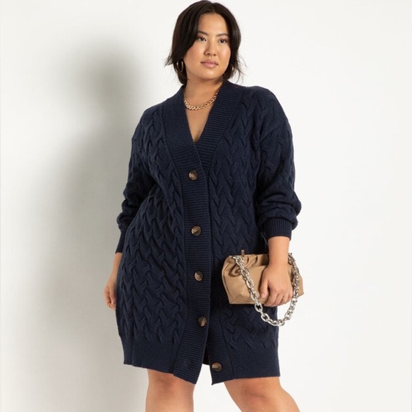 Eloquii Cardigan Sweater Dress Size 18 20 Novelty Stitch Deep Blue Stretch Knit - Picture 1 of 11